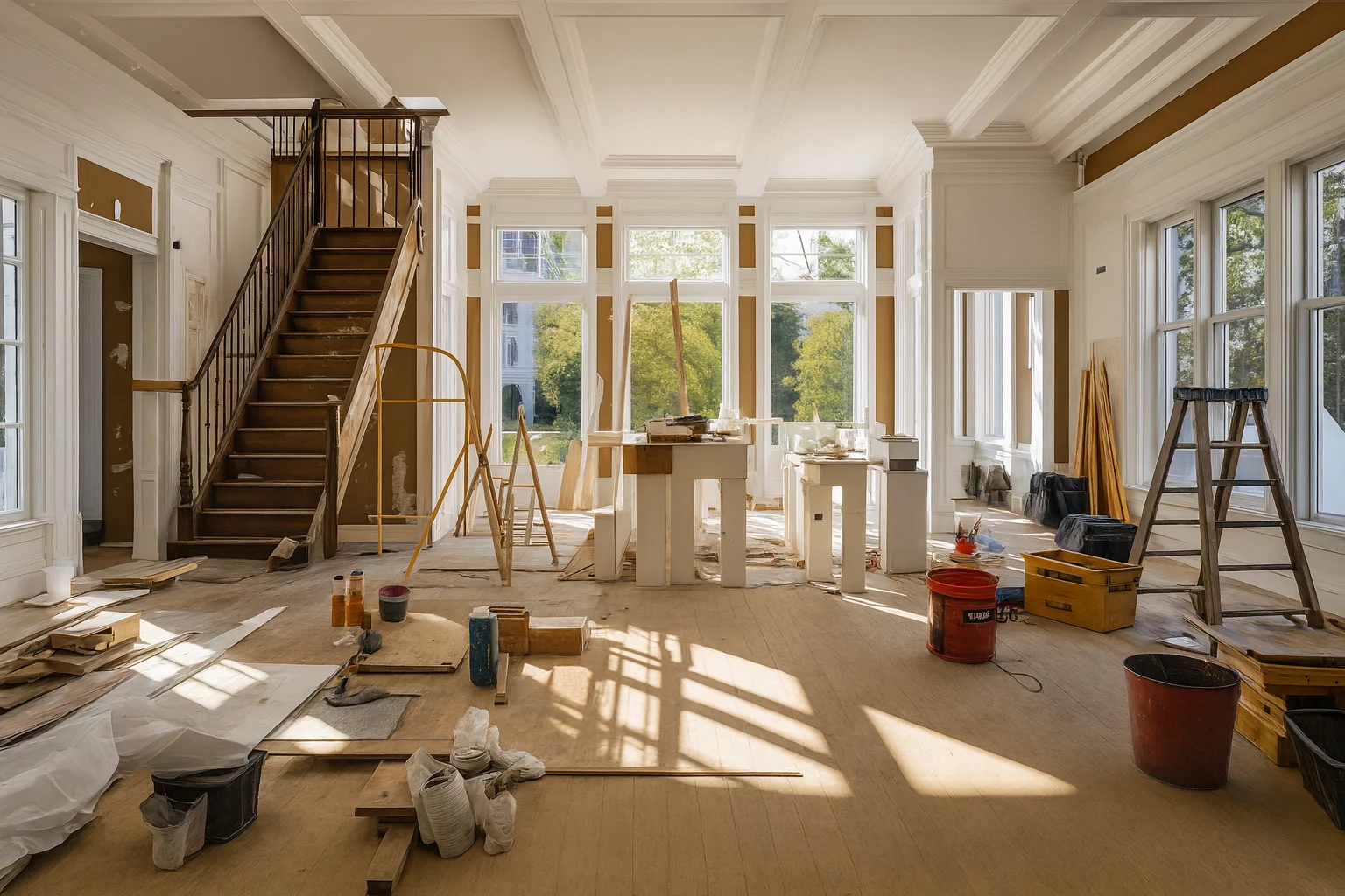Grand ballroom interior after complete renovation with elegant lighting